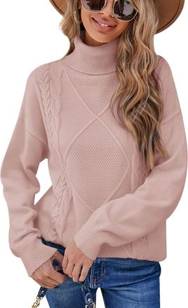 Feoya Womens Turtle Neck Sweater Cable Knit Jumpers Long Sleeve Knitted Pullover Tops Loose Roll High Polo Neck Jumper Winter Casual Knitwear Pink M