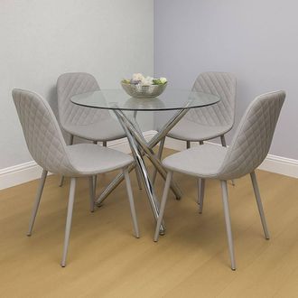 Kosy Koala Round Clear Glass Dining Table With 4 Grey Gem Pattern Chairs