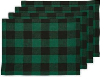 Solino Home Linen Placemats Set of 4, 14 x 19 Inch for Dining Table, Holiday and Everyday Table Decor - Buffalo Check in Green And Black at