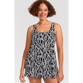 Lands End D-Cup Scoop Neck Swim Dress Swimsuit in Black/white Vine Floral at Nordstrom, Size X-Small