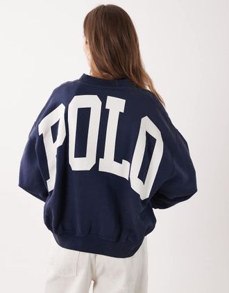 Polo Ralph Lauren Felpa in pile blu navy con logo vintage sul retro
