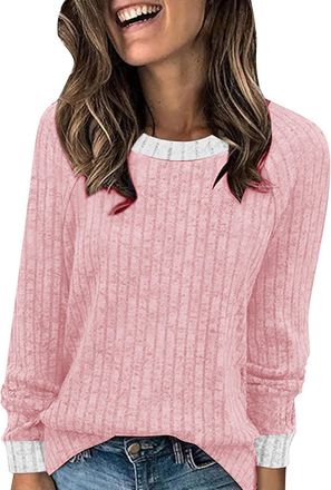 Generic Womens Jumpers Crew Neck Long Sleeve Tops Ladies Ribbed Knitted Top Casual Tunic Sweatshirts Pullover Sweaters Thin Comfort Lightweight Jumper Knitwea