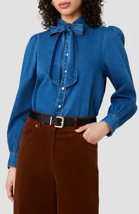French Connection Zaves Cotton Chambray Bow Shirt in Light Vintage at Nordstrom, Size X-Small