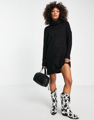 Only Only roll neck knitted mini sweater dress in black