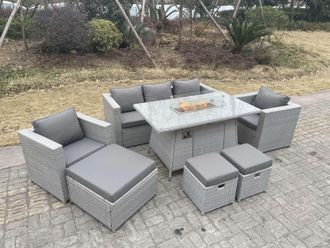 Fimous Rattan Fire Pit Garden Furniture Set Gas Heater Burner Chairs in Light Grey