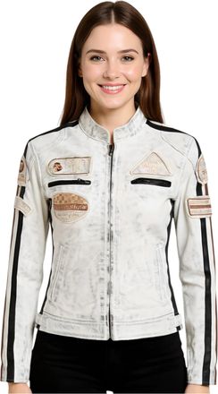 Infinity Leather Womens White Biker Racing Badges Jacket-Dalby Lamb Leather - Size 16 UK
