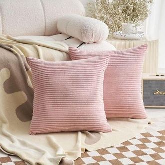 OEM Juego De 2 Fundas De Coj&iacute;n De Pana Suave Y Rayas Para Sal&oacute;n, Dormitorio, Decoraci&oacute;n De Pascua, 45 X 45 Cm, Rosa P&aacute;lido
