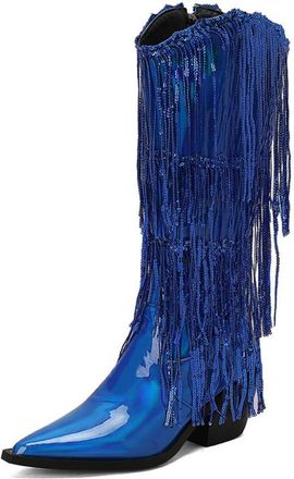 Generic Womens Patent Leather Knee High Boots with Beaded Pointed Toe Long Boots with Zipper Block Heel Party Prom Shoes,Blue,7.5 UK