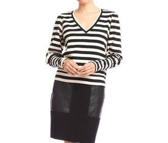 Karen Kane Stripe Bishop Sleeve V-Neck Top In Black With Cream