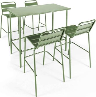 Oviala Conjunto mesa alta y 4 taburetes de bar en metal verde cactus
