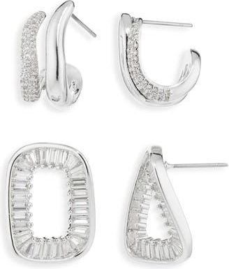 Cara Set of 2 Cubic Zirconia Twisted Huggie Hoop & Drop Earrings in Silver at Nordstrom Rack