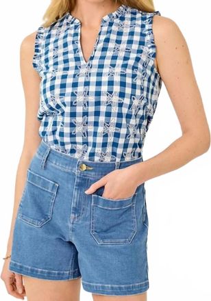 Lilly Pulitzer Kavalla Sleeveless Ruffle Top In Starlight Navy Starfishing Embroidered Gingham