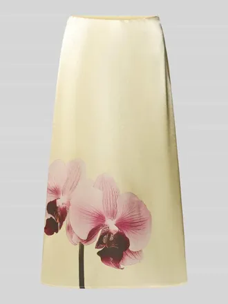 Vero Moda Midirock aus Satin mit Motiv-Print und elastischem Bund in GELB, Gr&ouml;&szlig;e 34