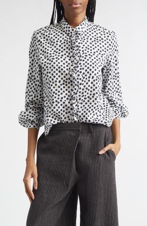 R13 Polka Dot Ruffle Trim Button-Up Shirt in White With All Over Polka Dot at Nordstrom, Size X-Small