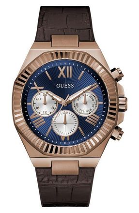 Guess Coffee Chronograph Leather & Silicone Strap Watch, 44mm in Brown at Nordstrom