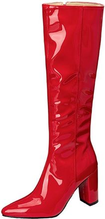 Generic Womens Patent Leather Long Boots Pointed Toe Chunky Block Heel Knee High Boots for Autumn & Winter Streetwear & Casual Outing Glossy Finish,red,6.5 UK