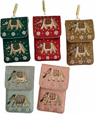 Generic Rajasthani Elephant Phone Sling Bag for Women with Pearl & Zari Hand Embroidery, Detachable Golden Chain & Waist Clip - Wedding & Party Return Gift Pu