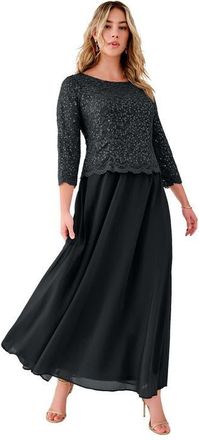 Roaman's Plus Size Sequin Lace Three Quarter Sleeve A-Line Gown in Black at Nordstrom, Size 14P