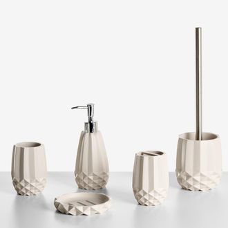 Beliani Conjunto De 5 Accesorios De Ba&ntilde;o Jabonera Dispensador De Jab&oacute;n Escobilla De Inodoro Vaso Soporte Para Cepillos De Dientes Beige Samiria