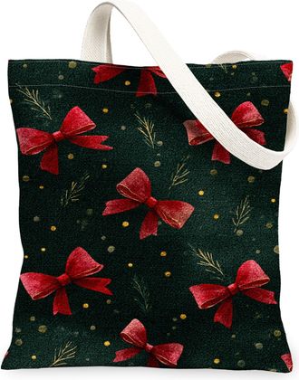 Generic Christmas Bows Canvas Tote Bags, Festive Ribbon Design, Reusable Washable Shoulder Strap Bags for Gym Travel Beach Picnic, Green, 13x15 Inch