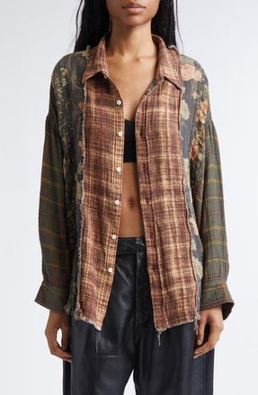 R13 Shredded Seam Drop Neck Plaid Flannel Button-Up Shirt in Multi-Print Brown at Nordstrom, Size X-Small