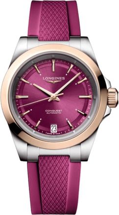 Longines Conquest Automatic Purple Dial 18K Rose Gold Plated Bezel Rubber Strap Womens Watch L3.430.5.98.9