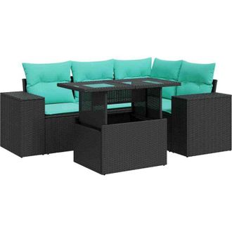 vidaXL 5 Piece Garden Sofa Set with Cushions Black Poly Rattan Acacia vidaXL