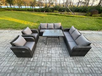 Fimous 8 Seater Rattan Outdoor Garden Furniture Sofa Set Patio Table & Chairs Set with 3 Seater Sofa Rectangular Dining Table in Dark Grey