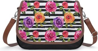 Generic Cute Spring Floral And Stripes Watercolor Crossbody Bag Womens Handbag PU Message Bags Shoulder Purse with Adjustable Strap