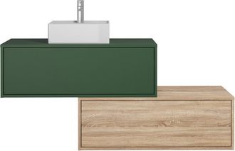 Vente-Unique Mueble de baño flotante verde y natural claro con lavabo y dos cajones - 94 cm - TEANA II