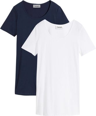 Bonprix T-Shirt BONPRIX, Damen, Gr. 36/38 (S), dunkelblau, wei&szlig;, Jersey, Obermaterial: 95% Baumwolle, 5% Elasthan, unifarben, loose fit ca. Mitte Oberschenkel