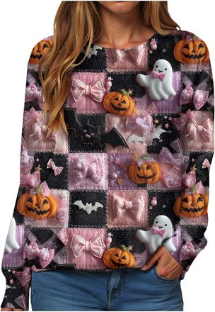 Generic Halloween Sweatshirts Womens Sweatshirts Womens Long Sleeve Tops Round Neck Casual T Shirt Lightweight for Women Sweat Top Long Sleeve Black