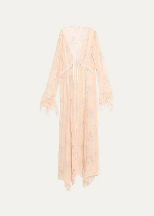 LoveShackFancy Mariven Lace-Trim Floral Silk Duster Cardigan