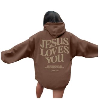 Generic Christian Hoodies for Women Ladies Teen Girls UK Bible Verse Jesus Loves You Graphic Casual Oversized Long Sleeve Sweatshirts Drawstring Pockets Pullo