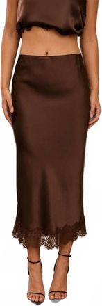Blu Pepper Satin Lace Hem Back Slit Pencil Midi Skirt In Brown