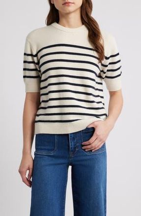 Frame Denim The Cashmere Easy Crew Sweater in Ivory With Navy at Nordstrom Rack, Size X-Small