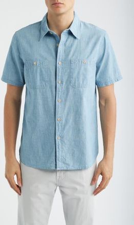 AG - Adriano Goldschmied Mason Short Sleeve Cotton Chambray Button-Up Work Shirt in Desert Breeze at Nordstrom, Size Xx-Large