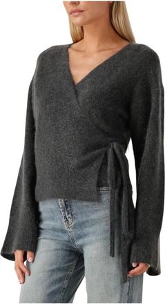 Second Female Grijze Gebreide Wrap Cardigan - Dames - V-hals truien - Grijs - L - Truien & Vesten