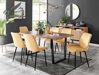 Furniturebox Kylo Large Brown Wood Effect Dining Table & 6 Pesaro Velvet Black Leg Chairs in Mustard