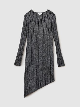 Reiss Black Jayden 13-14 Yrs Metallic Ribbed Asymmetric Dress - Shimmering Teen Outfit