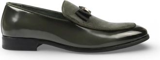 Infinity Leather Mens Olive Green Textured Front Iconic Buckle Bow Loafers Shoes
