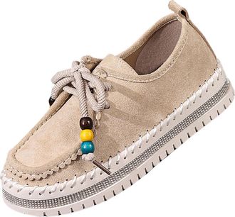 Generic Lace Up Shoes Women Casual Womens Flats Round Toe Ethnic Style Thick Sole Fashionable Breathable Comfortable Walking Shoe Office Outdoor Beige