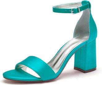 Generic Wedding Bridal Shoes Womens Heeled Sandals Chunky Heels Satin Bridal Dress Wedding High Heels Shoes 8Cm,Blue Green,10 UK