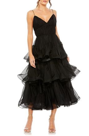 Mac Duggal V Neck Tiered Ruffle Midi Dress in Black at Nordstrom, Size 10