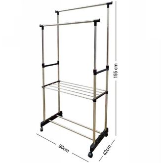 Trade Shop Trade Shop - Stand Appendiabiti Doppio Con Ripiano Base Ruote Aste Telescopiche Regolabile