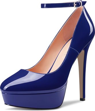 Castamere Women Stiletto High Platform Heel Round Toe Ankle Strap Pumps Court Shoe Slip-on Wedding Party Dress 13 CM Heels Navy Blue 4 UK