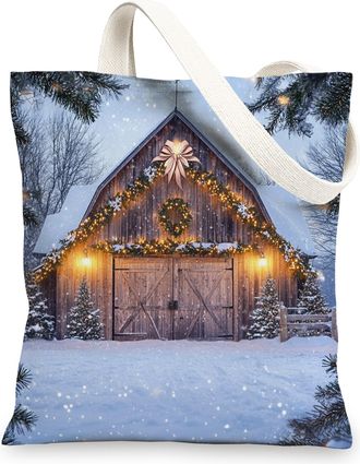 Generic Winter Farmhouse Christmas Canvas Tote Bag for Shopping 13x15, Country Barn Xmas Snow Scenic Reusable Grocery Print Bag for Women, Farm Beach Aestheti