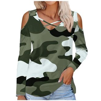 Generic O-670 Black Brunch Going Out Tops for Women Fall Summer Cold Shoulder Vneck Long Slim Tunic Camo Wrap Army Fatigue Criss Cross Top T Shirt Blouse Ladi