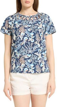 Caribbean Joe Lattice Neckline Top in Navy/Multi at Nordstrom Rack, Size X-Large