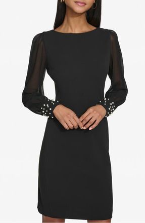 Karl Lagerfeld Faux Pearl Cuff Long Sleeve Scuba Crepe Sheath Dress in Black at Nordstrom, Size 16